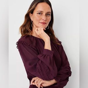 Ann Taylor Burgundy Ruffle Sleeve Top